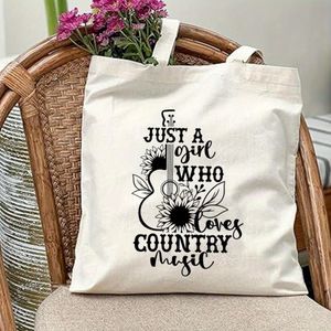 Sac fourre-tout en toile rétro avec motif de guitare, imprimé "Une fille qui aime la musique country", grande capacité, style simple et tendance, sac à main en toile durable pour pique-nique en plein air, fête - Blanc