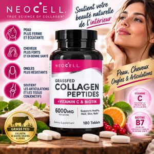 Neocell Collagen Peptides 6000 mg – Collagène Grass-Fed + Vitamine C & Biotine – 180 Comprimés – Peau, Cheveux & Ongles