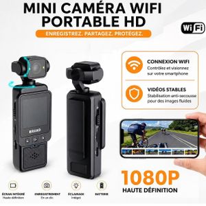 Caméra WiFi Portable 1080P, Stabilisation Anti Secousse, Écran Rotatif, Vision Nocturne, Contrôle Smartphone et Enregistrement Sport Voyage Moto Vélo