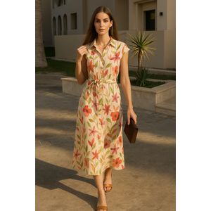 Marwa Robe Mi-Longue Imprimée Fleur Beige - R4775E25