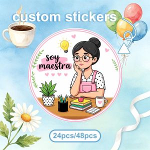 24/48 autocollants personnalisés, style enseignant, motif aquarelle multicolore, texte « Soy Maestra » avec imprimé livres et plantes, décoration pour salle de classe et bureau