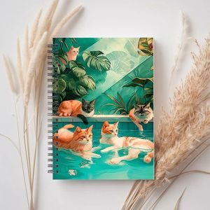 Carnet de Planification Fête Piscine Tropicale avec Chat Tabby et Turquoise - Mignons Chats Style British Shorthair, Feuilles Palmier & Design Monstera, Couverture Bleu Aqua Vert Menthe, Journal Compact pour Amoureux des chats, Cadeau Idéal Femmes, Agen