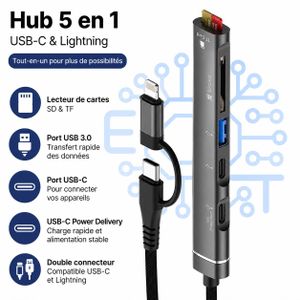 Hub OTG 5 en 1 USB-C & Lightning avec Lecteur SD/TF, USB 3.0 et Double Port USB-C