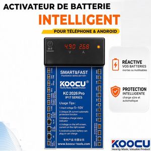 Koocu KC2026 Pro Carte d'Activation Batterie iPhone 6 à 17 Pro & Android, Testeur USB-C, Charge Rapide 2A
