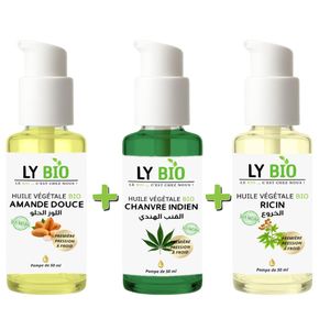 LY BIO PACK HUILE AMANDE DOUCE 50ml - POMPE + HUILE HYDRATANTE & NUTRITIVE 50ML - POMPE + HUILE RICIN 50ml - POMPE