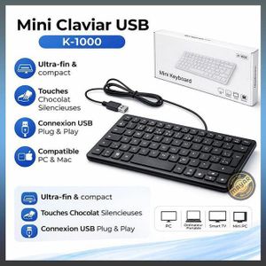 Mini Clavier USB Ultra-Fin K-1000 – Mini Keyboard Compact AZERTY + ARABE pour PC & Mac – Design Slim, Touches Chocolat Silencieuses, Clavier Filaire Portable pour Bureau, Smart TV et Ordinateur