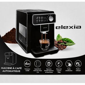 Elexia Machine à Café Automatique 1350W – Expresso, Double Expresso & Americano – Réservoir 1.5L – Broyeur à Grains 300g