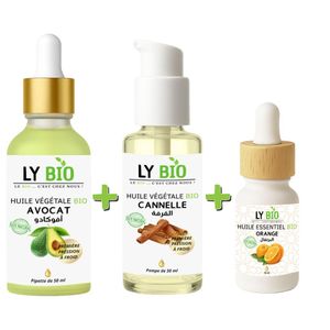 LY BIO PACK HUILE AVOCAT 50ml - PIPETTE + HUILE CANNELLE 50ML - POMPE + HUILE ESSENTIEL ORANGE 10ML