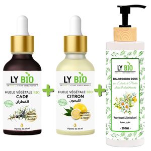LY BIO PACK HUILE CADE 50ML - PIPETTE + HUILE CITRON 50ML - PIPETTE + SHAMPOOING AUX EXTRAITS DE PLANTES 200ML