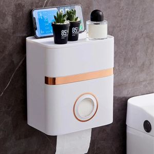 Distributeur de papier toilette mural avec tablette de rangement, support étanche pour accessoires de salle de bain et téléphone.