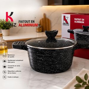 Kenz Faitout en Aluminium 24 cm Couvercle en Verre et Revêtement Granit Antiadhésif, JSH-9635/24