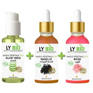 LY BIO PACK HUILE ALOE VERA 50ml - POMPE + HUILE NIGELLE 50ML - PIPETTE + HUILE ROSE 50ml - PIPETTE