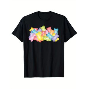 T-shirt  Amusant Ours en Gomme - Manches Courtes, Noir, Imprimé Bonbons Colorés, Coupe Confortable, Cadeau Parfait pour Hommes, Femmes, Pères, Mères, Amis Proches, Disponible en Tailles Grandes