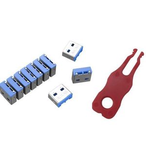 kit de verrouillage de port USB Aucas, modèle ACPT-USB-BU-100 avec 5 clés de déverrouillage rouges.
