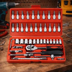 Coffret de Clés à Douilles 46 Pièces Professionnel Kit Complet avec Cliquet Réversible pour Réparation Auto, Moto et Bricolage