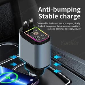 Chargeur Voiture 4-en-1 66W Rapide – Câbles Rétractables + Ports USB – Lumière Étoilée Starry Sky – RGB Multicolore – Pour iPhone & Android – Anti-Enchevêtrement