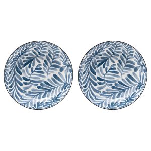 Assiette Creuse - Céramique Design Feuille Nature - Service de Table Élégant - Bleu et Blanc - Lot de 2