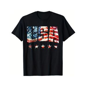 T-shirt graphique drapeau américain patriotique pour hommes et femmes - Tissu doux et respirant 100_ 180Gsm, style hip-hop urbain avec lettrage USA audacieux et motif étoiles et barres, vêtement décontracté toutes saisons, unisexe lavable en machine