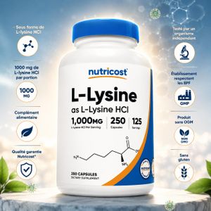 Nutricost L-Lysine, 250 capsules (500 mg par capsule)
