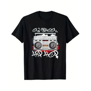 T-shirt vintage hip hop années 80 pour hommes et femmes - Imprimé rétro boombox et graffiti avec motif de musique rap scolaire (logo rétro cassette CD), coupe ample, manches courtes, col rond, streetwear pour concerts, salle de sport et tenue décontract
