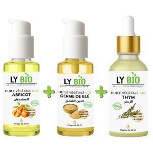 LY BIO PACK HUILE ABRICOT 50ML - POMPE + HUILE GERME DE BLE 50ML - POMPE + HUILE THYM 50ML - PIPETTE