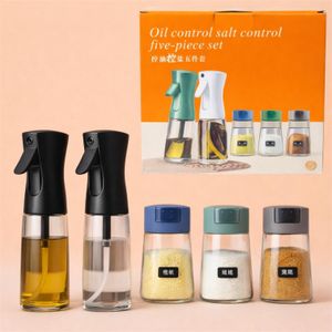 Kimo Set 5 pièces distributeurs huile & épices en verre – Spray huile + pots sel sucre épices – Couleur aléatoire