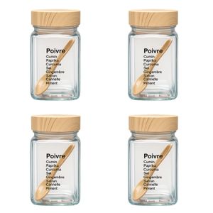 Lot de 4 Pots à Épices en Verre avec Cuillère et Couvercle Effet Bois – Bocaux de Conservation pour Cuisine