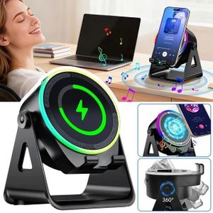 Support de Téléphone Magnétique Pliable avec Charge Sans Fil MagSafe 15W,Haut-Parleur Bluetooth Intégré,Éclairage LED RGB,Rotation 360°,Compatible iPhone et Smartphones Android
