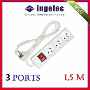 Rallonge électrique de 3 Prises & 1.5 Mètres long du câble, Multiprise (3 prises+T) avec interrupteur