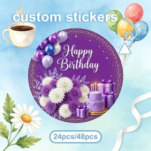 24pcs/48pcs Stickers Personnalisés, Étiquette Ronde, Couleur Violet et Blanc, Texte Joyeux Anniversaire avec Imprimé de Fleurs de Ballon de Gâteau, Décoration de Fête Emballage Cadeau Scellage d'Enveloppe
