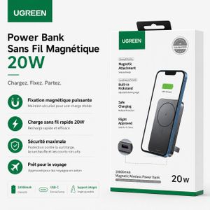 Ugreen Power Bank Magnétique Sans Fil 10000mAh 20W – Batterie Externe MagSafe avec Support Intégré, Charge Rapide USB-C pour iPhone 17/16/15/14/13/12 Pro Max