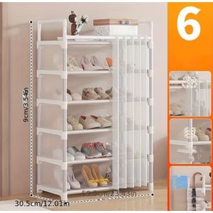 Meuble Étagère à Chaussures 6 Niveaux avec Rideau Anti-Poussière & Crochet pour Parapluie