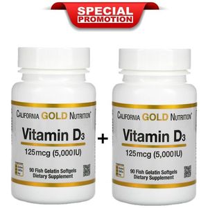 California Gold Nutrition Pack Vitamine D3 musculaire saine,125 mcg (5 000 UI) 2 flacons de 90 gélules de gélatine de poisson