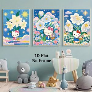 2D بلات، 3 ملصقات حائط A5 سانريو هيلو كيتي - ديكور غرفة أنمي كاوايي، مطبوعات باستيل مع شخصيات مشهورة
