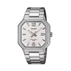 Casio MTP-B195D-7AV - Boîtier octogonal élégant et minimaliste au fond blanc avec dateur pour hommes - 