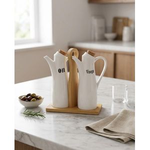 2 huiliers en porcelaine avec plateau-couvercle liège -Ensemble Huilier et Vinaigrier en Céramique Blanche avec Support en Bambou - 2 Pièces (Capacité Approx. 500ml 