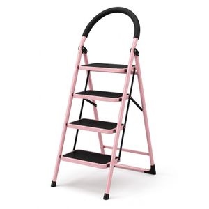 Home Escabeau Pliable 4 Marches en Acier - Design Moderne, Poignée Antidérapante, Sécurisé - Rose et Noir