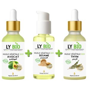 LY BIO PACK HUILE AVOCAT 50ml - PIPETTE + HUILE SESAME 50ml - POMPE + HUILE THYM 50ML - PIPETTE