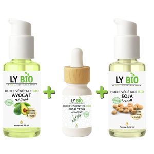 LY BIO PACK HUILE AVOCAT 50ml - POMPE + HUILE ESSENTIEL EUCALYPTUS 10ML + HUILE SOJA 50ML - POMPE