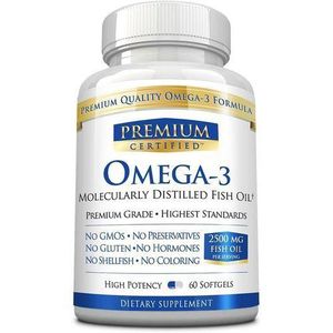 Premium Certified Oméga-3 - Qualité pharmaceutique - Portion quotidienne de 2 500 g avec 900 mg d'EPA et 600 mg de DHA - 60 gélules molles - Améliore l'humeur et stimule la fonction cardiovasculaire