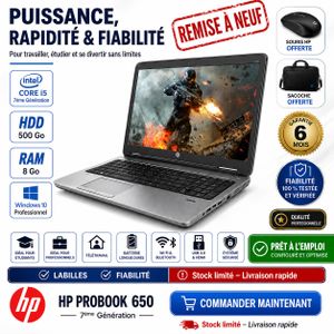 Hp PC Portable Probook 650 Core i5 G3- 7ème Génération- 500Go HDD- 8GB RAM -Ecran 15.6"- GARANTIE 6 MOIS -remis a neuf - AZERTY