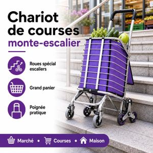 Chariot de courses monte-escaliers avec grand panier et roues spéciales, pratique et robuste pour marché et maison, couleur violet