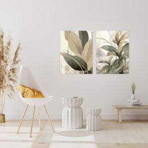  Tableaux Décoratifs Nature - Feuilles Botaniques Abstraites Vert Sauge, Beige et Or sur Toile Canvas avec Châssis en Bois Invisible