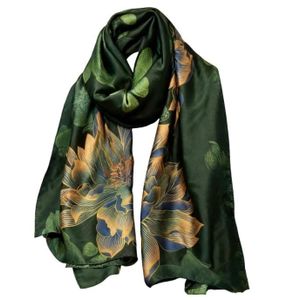 Écharpe en Soie Verte Émeraude à Fleurs Dorées - Châle Printemps-Été Léger et Élégant