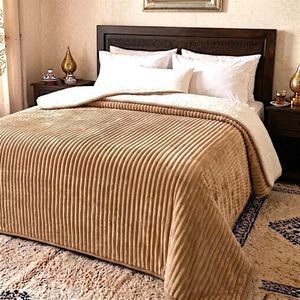 Couverture plaid d'Hiver Chaude Réversible (Velours et Sherpa) - Grand Format 240x220 cm - beige