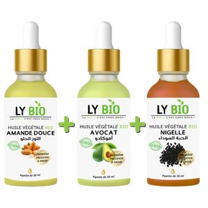 LY BIO PACK HUILE AMANDE DOUCE 50ML - PIPETTE + HUILE AVOCAT 50ml - PIPETTE + HUILE NIGELLE 50ML - PIPETTE