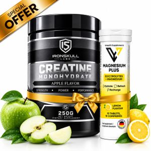 IronSkull Pack Musculation & Force- Creatine Monohydrate Pomme 250 g + Electrolytes Plus Magnesium Citron 10 Tabs