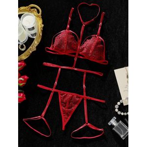Ensemble de lingerie exotique en dentelle florale avec porte-jarretelles