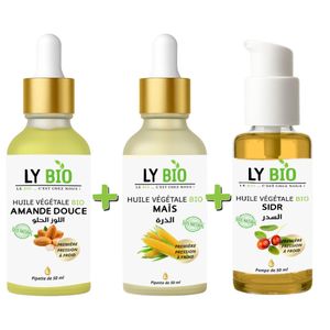 LY BIO PACK HUILE AMANDE DOUCE 50ML - PIPETTE + HUILE MAIS 50ML - PIPETTE + HUILE SIDR 50ML - POMPE