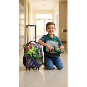 Set Scolaire 3 Pièces Cartable à Roulettes + Sac à Déjeuner & Trousse - Motif Hulk Marvel pour Garçon